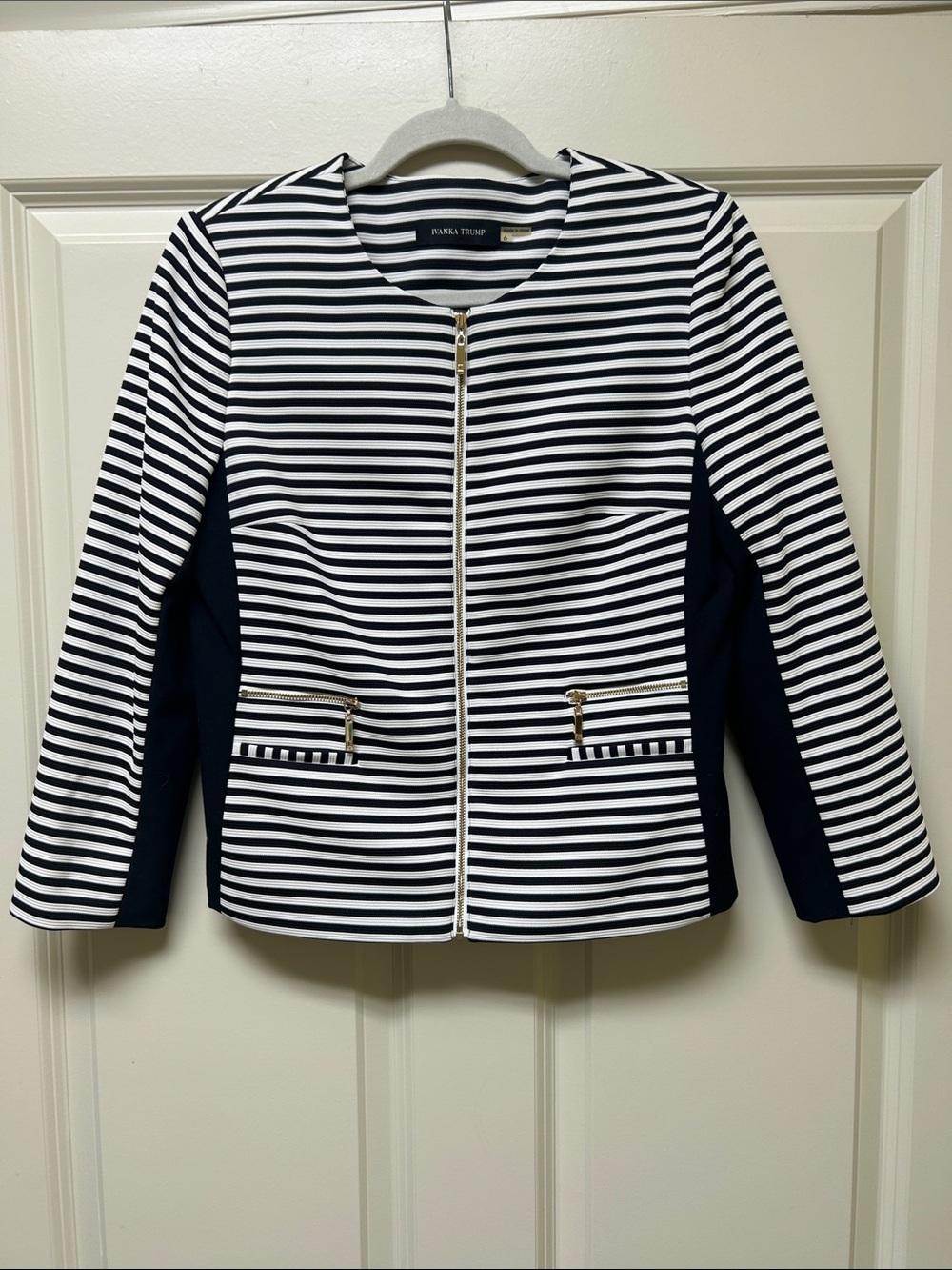 Ivanka Trump Navy and White Striped Zip-Front Jacket. Fully lined. Size 6